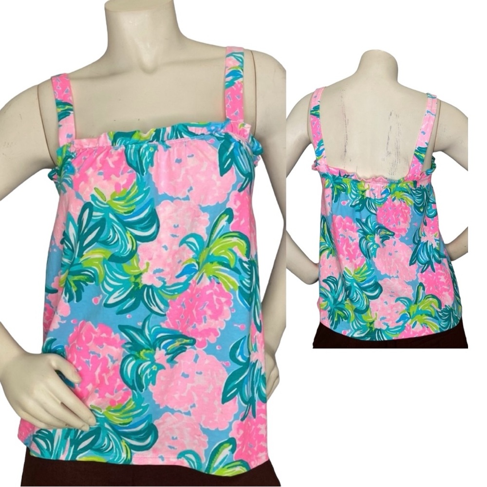 LILLY PULITZER “Jia” Pink, Blue & Multicolor Floral Ruffle Flowy Tank Top, M